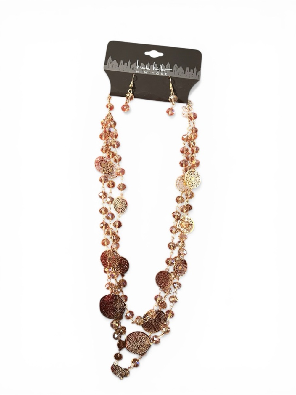 Nicole Miller Rose Gold Multi-Disc Beaded Necklace and earrings